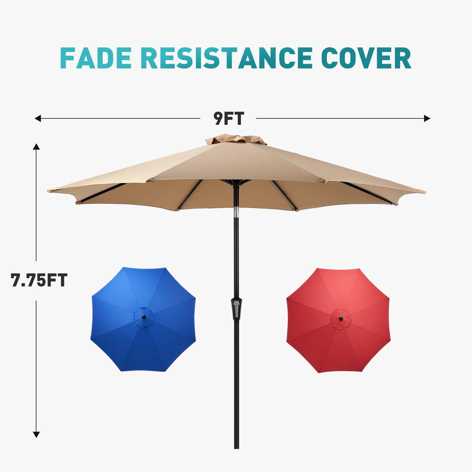 9ft Outdoor Patio Umbrella - UPF50+ UV Protection with Push Button Tilt, Crank and 8 Sturdy Ribs
