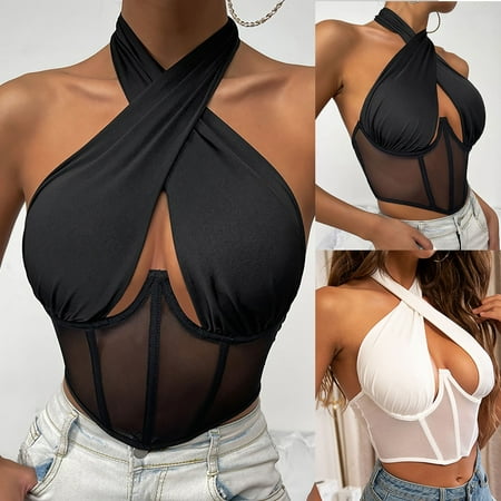BiZtdJrK Women s Criss Cross Halter Corset Tops Sexy Cutout Sheer Mesh Sleeveless Openback Camisole Shirt Bustier Shapewear Y2K Going Out Top Today s Sales of the Day White M