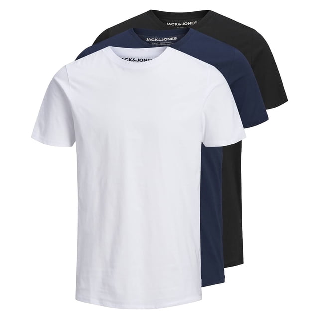 Jack & Jones Camiseta de Hombre, paquete de 3 - JJEORGANIC BASIC TEE O-NECK, manga corta, algodón orgánico Blanco/Azul marino/Negro S (Small)