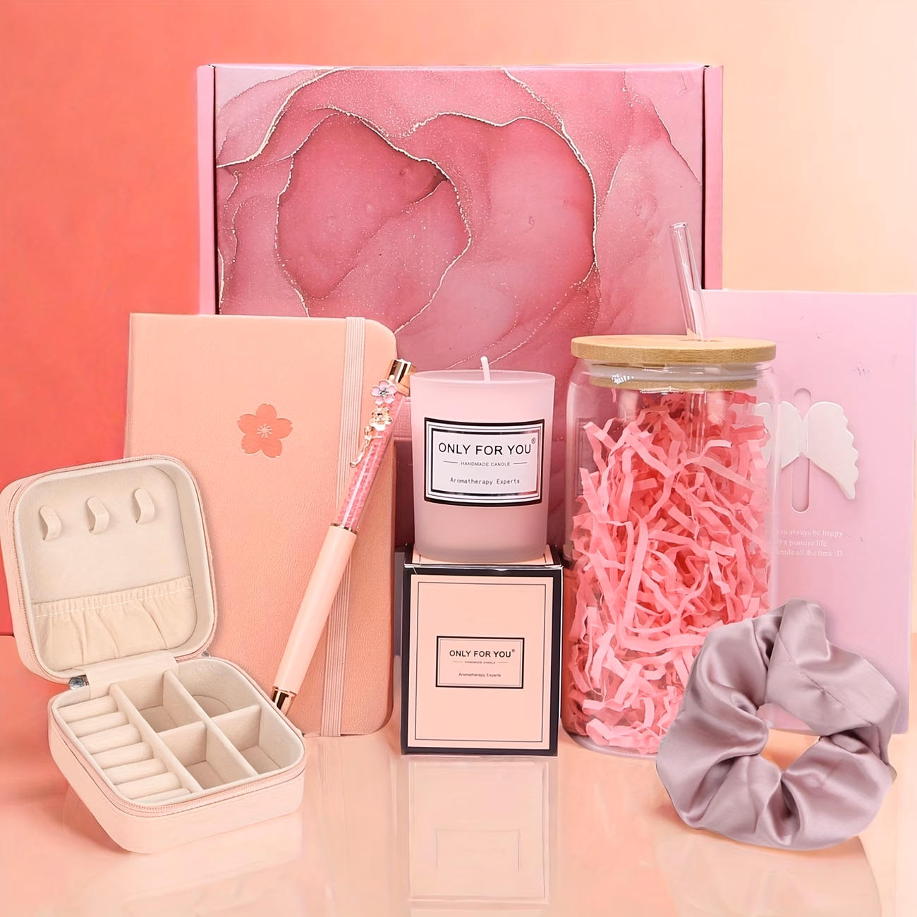 AMK Gift Box Set for Women, Self Care Gift Basket with Glass Cup, Scented Candle, Jewelry Case, Notebook and Pen, Pink Gift Set
