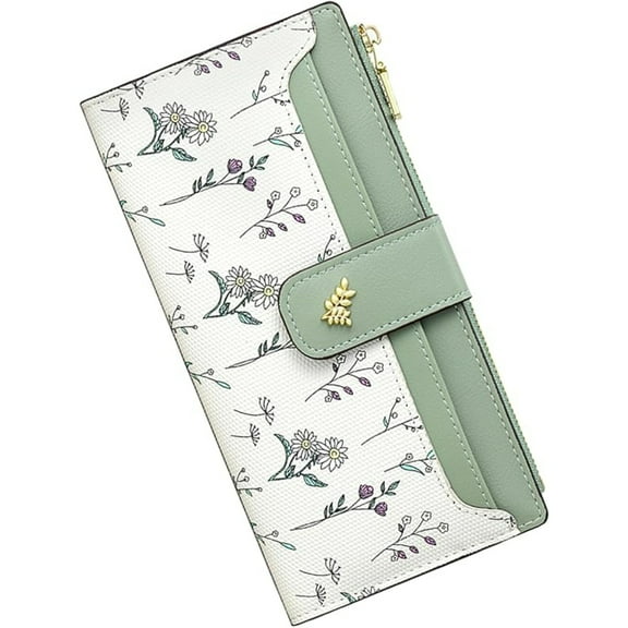 ZUTOYBOLIN Womens Wallet Leather Long Bifold Zipper Slim Flower Wallet for Women Coin Clutch Purse with ID Window Green