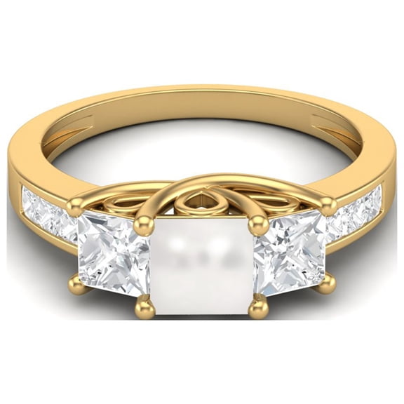 2.62 Cts Square Cut Halo Three Stone Pearl 925 Sterling Silver Gold Vermeil Engagement Accent Mother's Day Gift Ring for Women