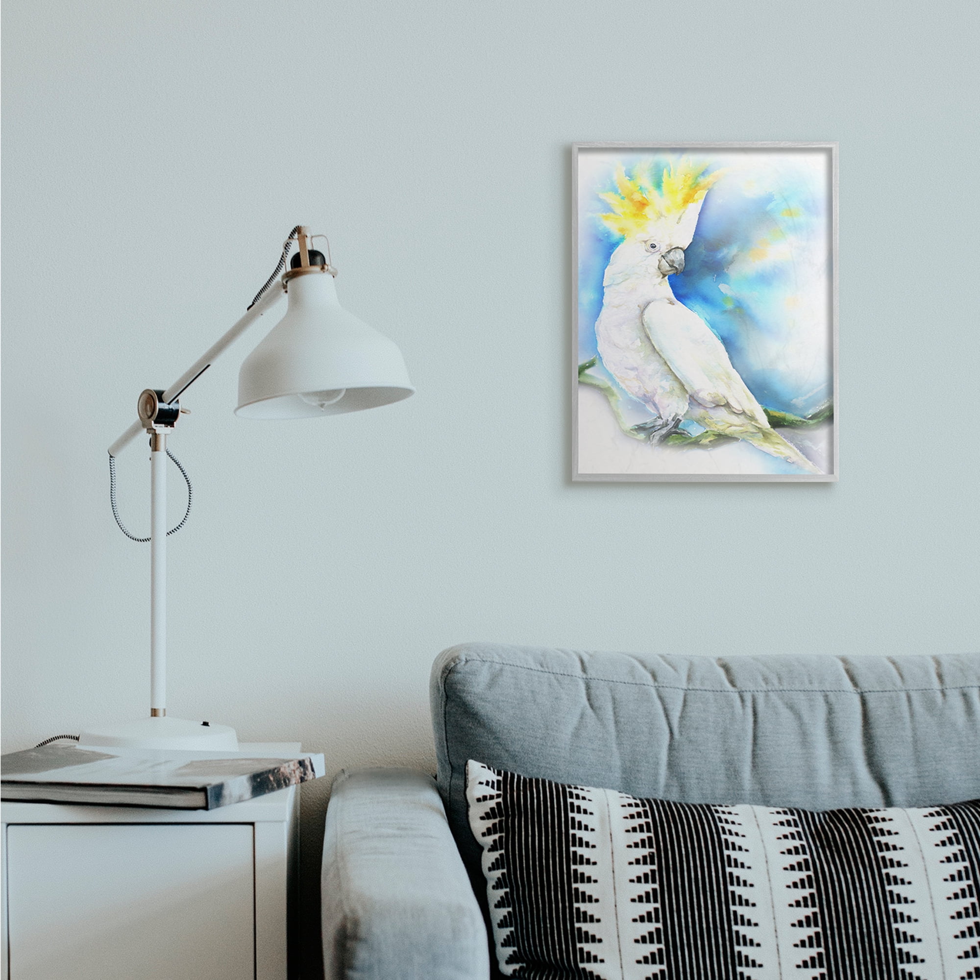 Stupell Industries Cockatoo Bird on Branch Over Vibrant Blue Grey Framed, 16 x 20, Design by George Dyachenko