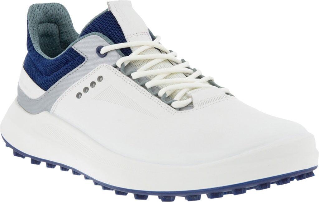 Men's ECCO Core Hydromax Golf Sneaker White/Silver Metallic/Blue Depths ...