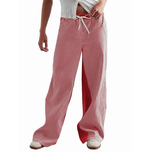 Pantalones de Rayas de Tiro Bajo para Mujer, Estilo Bohemio, con Cordón Ajustable y Pernera . Rojo L