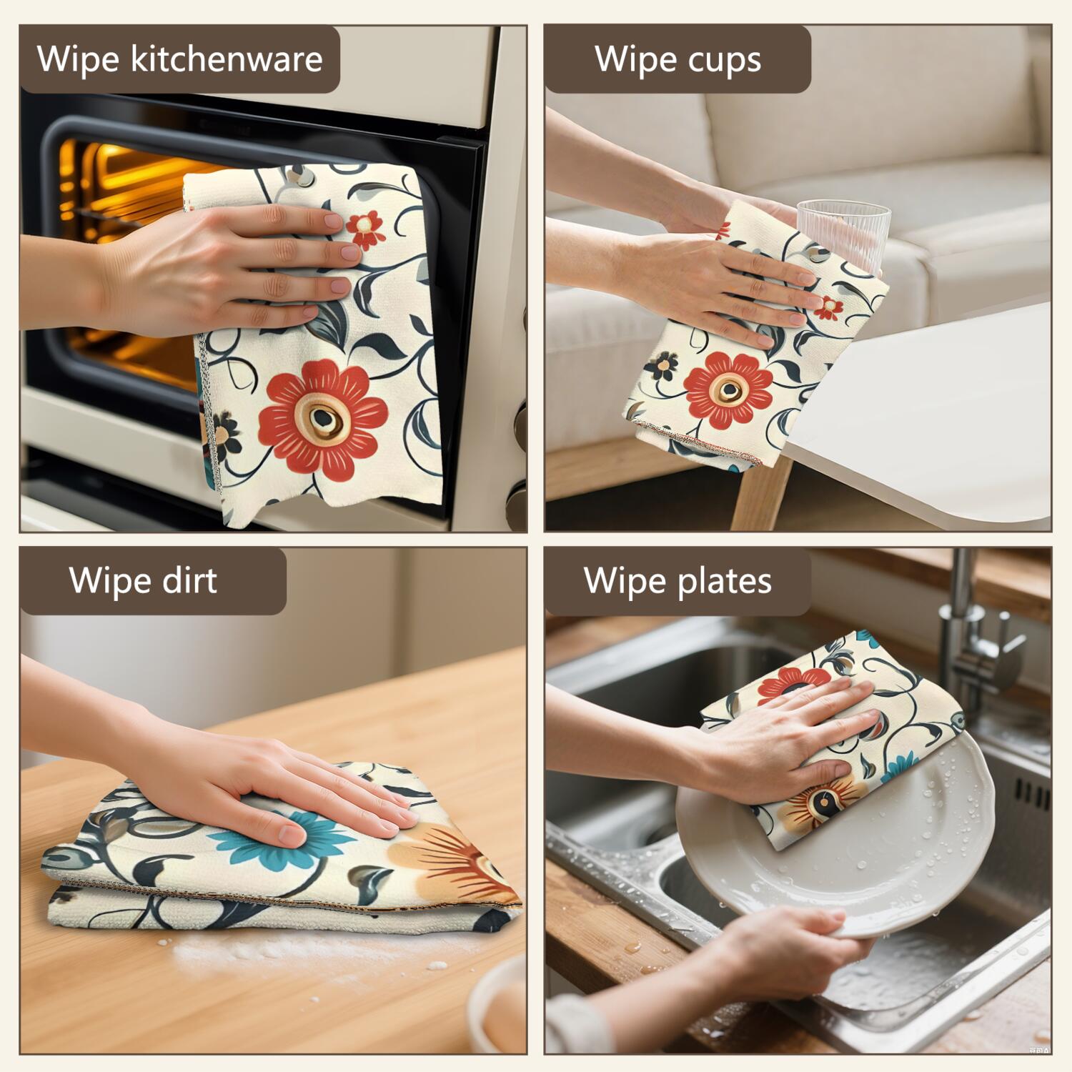 6 Pcs Funny Kitchen Towels,Pioneer Flower Floral Print Pattern Microfiber Dish Towels,Kitchen Tea Towels,Kitchen Towel Set (18" X 26")