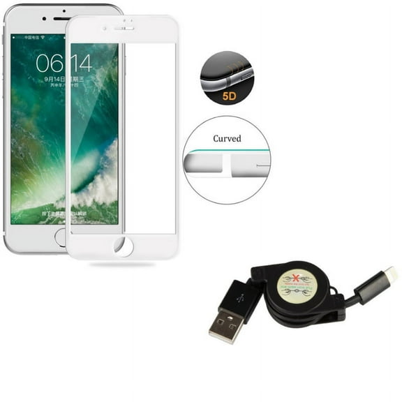 iPhone 7/8 PLUS USB Cable w Screen Protector - Retractable Charger Power Cord, Tempered Glass 5D Touch Curved Edge Full Cover for iPhone 8 PLUS/7 Plus