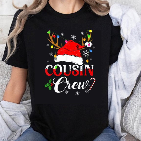 100% Cotton Cousin Crew Christmas Shirt With Santa Hat And Reindeer Antlers Holiday Family Matching T-Shirt For Women Men Kids Xmas Party Wear