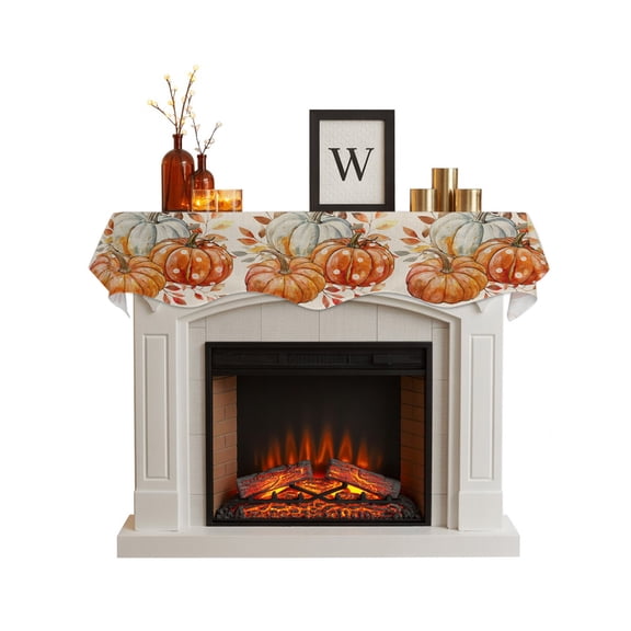 Orange White Pumpkins Fall Fireplace Mantel Scarf Cover 60"Wx17"L,Fireplace Mantel Shelf Top Runner,Maple Leaf Harvest Rustic Mantle Dresser Scarves Table Runner for Holiday Party Living Room Decor