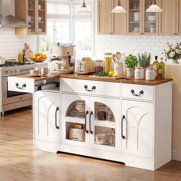 Keenstone Expandable Buffet Cabinet with Storage, 55.1" W Sideboard Cabinet with Drawers and Glass Doors, Coffee Bar Cabinet with Adjustable Shelves, White