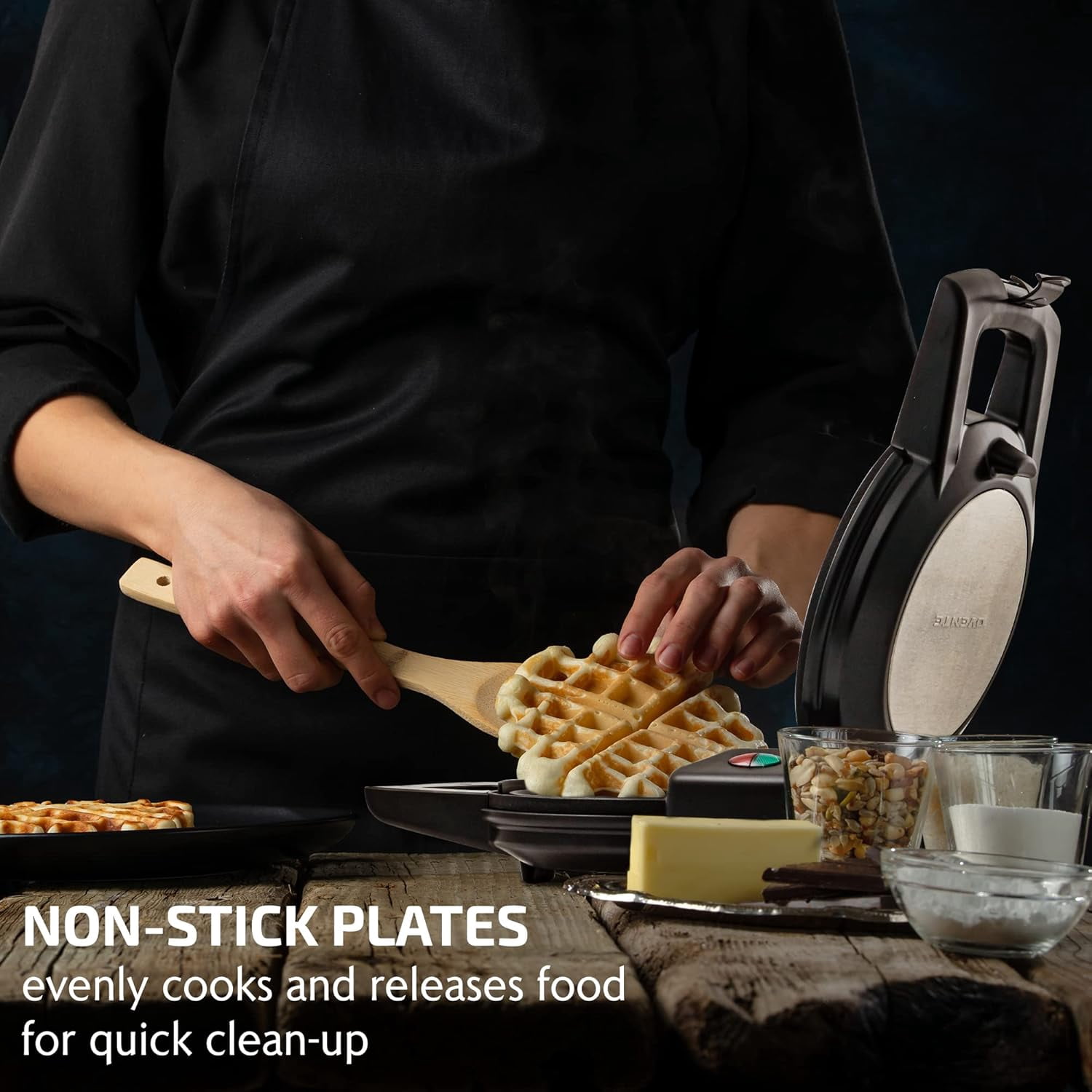 OVENTE Belgian Waffle Maker with Non-Stick Plates, 180° Rotating Function and Cool Touch Handle for Easy Single Flip, Perfect for Cooking 7” Classic Waffles for Breakfast or Snacks, Black WMF1440BR