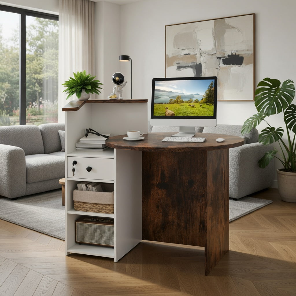 Demi Bonn Front Reception Office Desk with Open Shelf and Lockable Drawer, Small Home Computer Desk Study Writing Table, Brown + White
