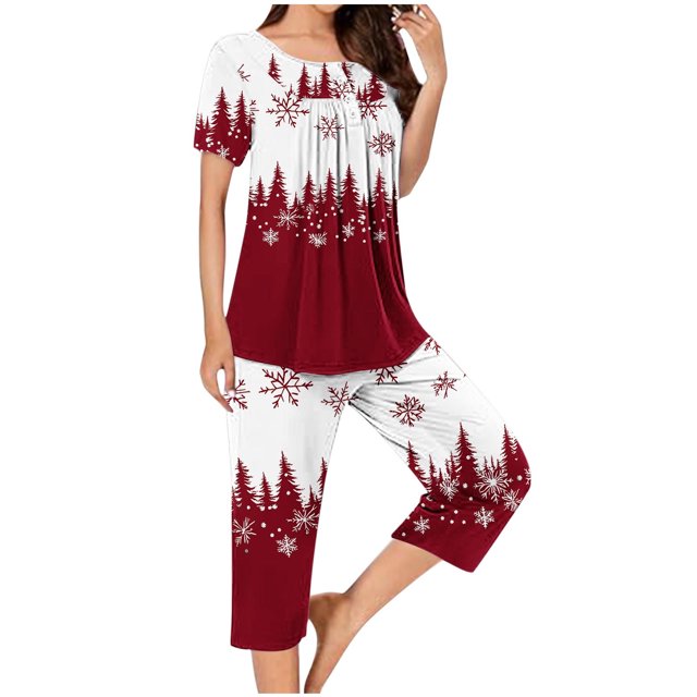 Puntoco Conjuntos de pijama cómodos para mujer, conjunto de pijama con top de manga corta con botones y cuello redondo con estampado navideño y pantalón con bolsillos y cintura elástica