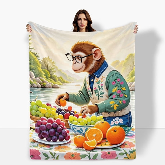 Monkey Decorative Fruits Friends Flannel Blanket Soft Warm Comfortable For Sofa Bed Travel Camping Living Room Office Chair Polyester Fiber Gift For Family Or Friends