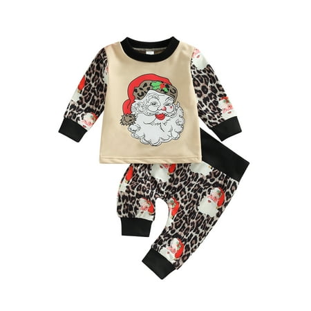 

Ma&Baby Baby Girls Boys Christmas Outfit Santa Claus Print Long Sleeve Sweatshirt + Leopard Print Sweatpants