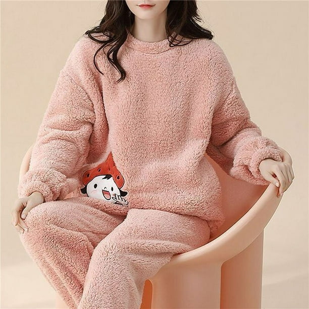 Pajamas Women'S New Autumn And Winter Flannel Cute Simple Loose Korean  Version Round Neck Coral Fleece Home Clothes 2-Piece Set 