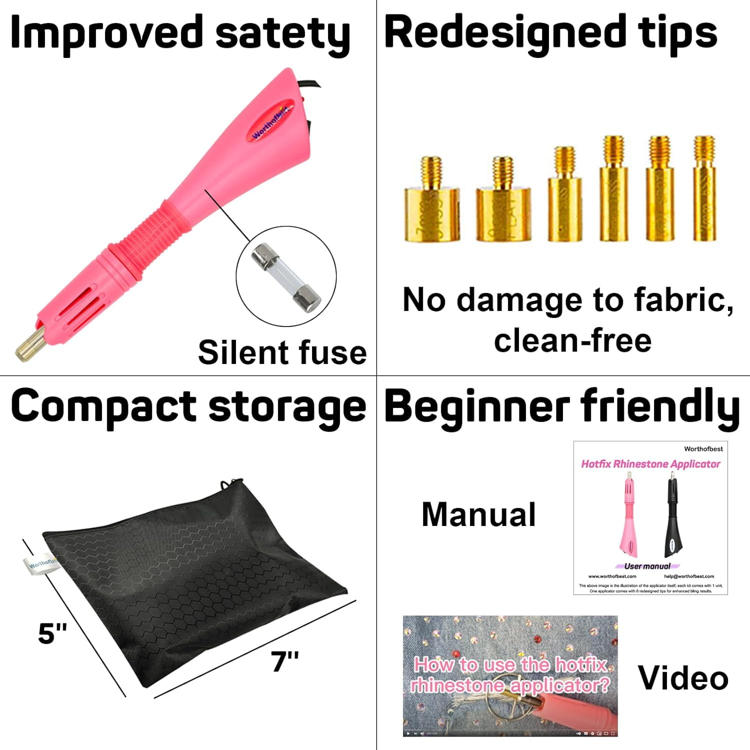 Hotfix Tool with 3400 Pcs Rhinestones for Blinging Clothes, Fabric, Clothing, Leather, Hot Fix Bedazzler Kit with 6 Redesigned Tips, Stand, Manual, Bag, Tweezers and Gem Picker