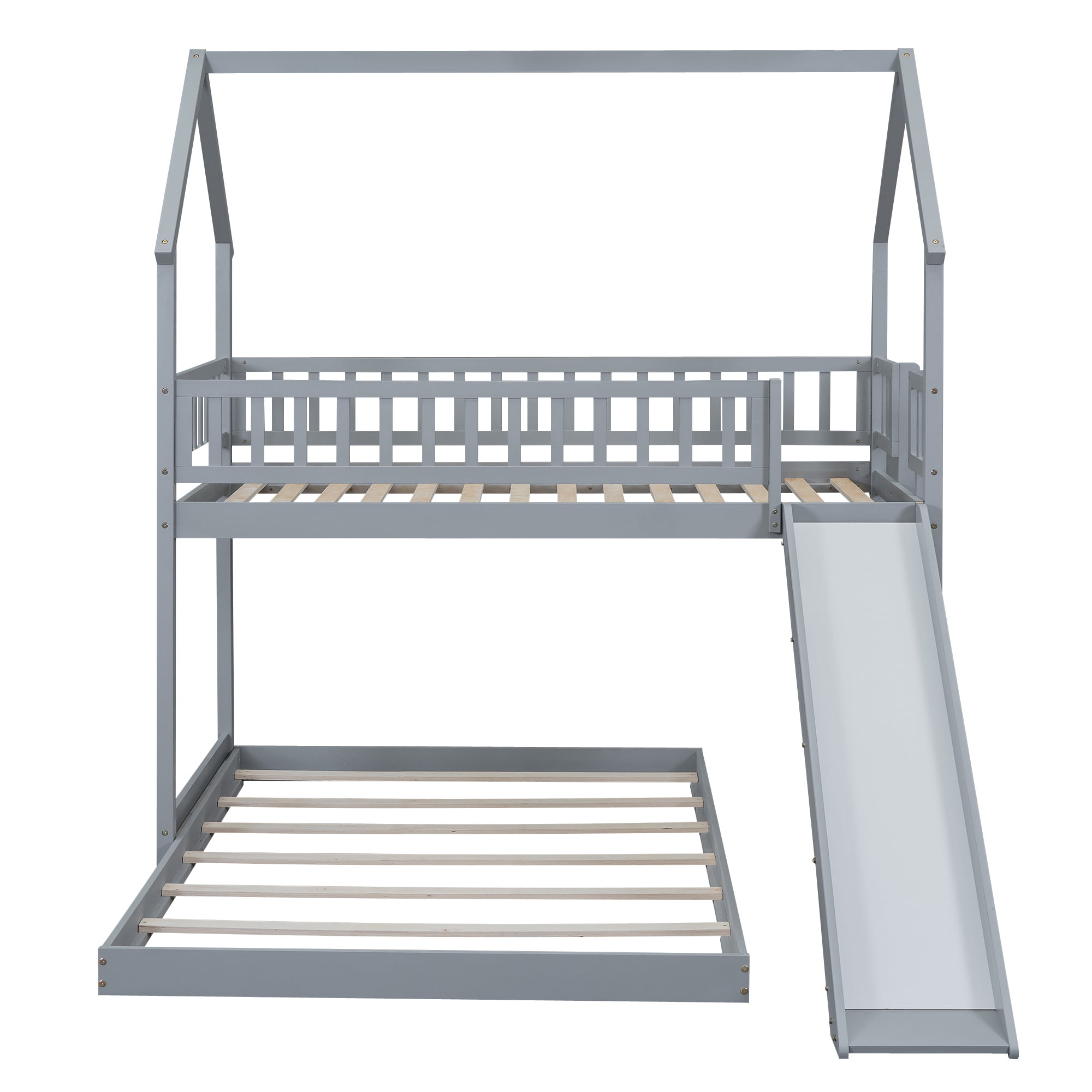 Twin Over Full House Bunk Beds with Slide, Kids Bunk Beds with House Shape Roof, Solid Wooden House Bunk Bed with Built-in Ladder, Full-Length Guardrail for Kids Teens Adults