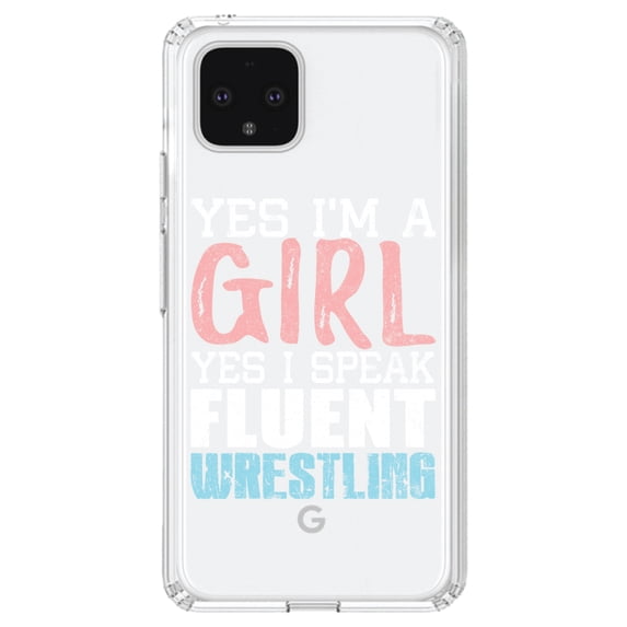 DistinctInk Clear Shockproof Hybrid Case for Google Pixel 4 XL (6.3" Screen) - TPU Bumper Acrylic Back Tempered Glass Screen Protector - Yes I'm a Girl Yes I Speak Fluent Wrestling