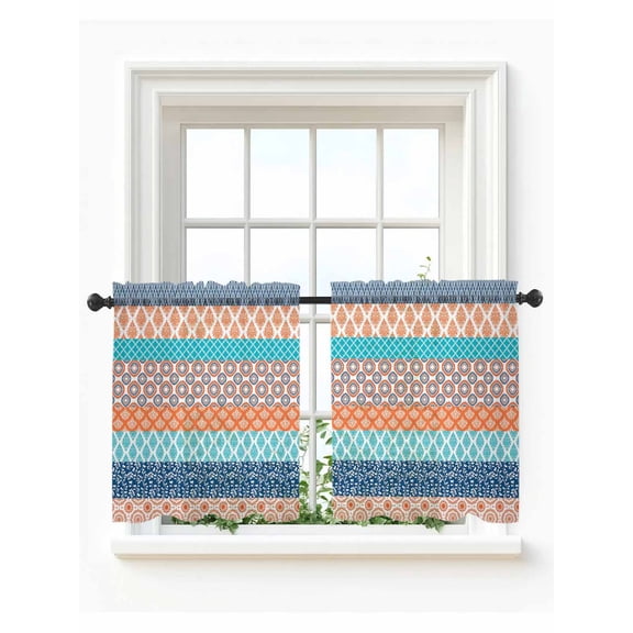 Teal Orange Striped Tier Curtains 24 Inch Length,Sheer Curtains for Bedroom Living Room Window Boho Modern Geometric Abstract Art Voile Drapes Kitchen Curtains Small Half Window 27.5"x24" 2 Panels