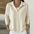 thumbnail image 2 of Women’s Solid Color Collared Zip up Sweater Cardigan Long Sleeve Full Zipper Knit Jacket for Fall Winter Daily Wear S-3XL Beige, 2 of 5