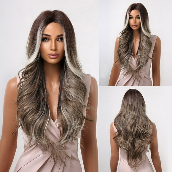 TopLLC Wigs Black Body Wave Wig For Women With Medium Length Curly Hair, Brown 1B Wig European And American Rose Mesh Matte Silk Mid split toupee