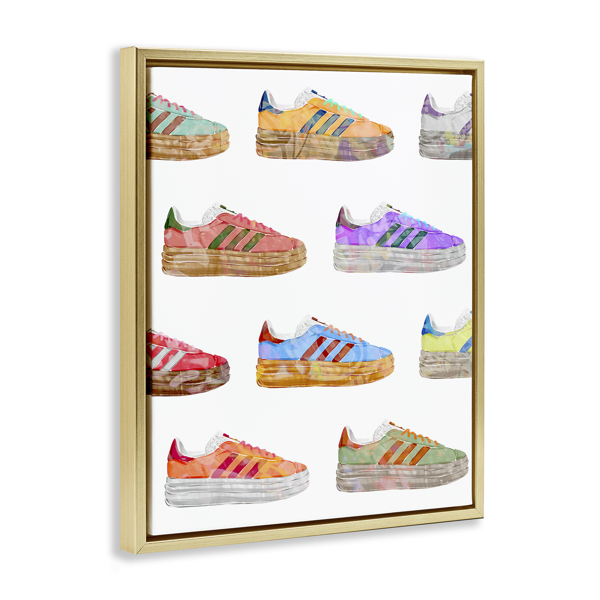 Stupell Industries Various Striped Sneakers Beauty & Fashion Painting Gold Floater Framed Art Print Wall Art, 17 x 21