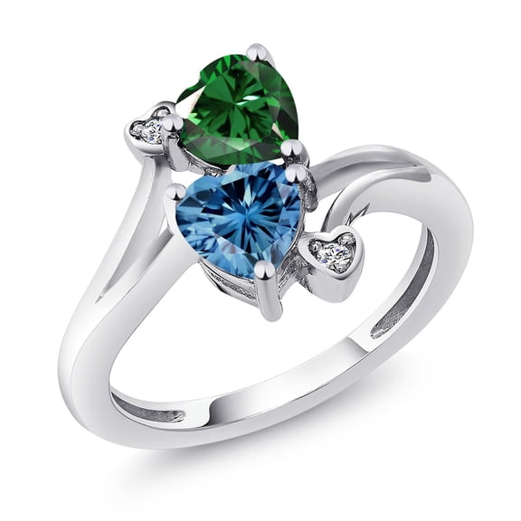 Gem Stone King 925 Sterling Silver Green Nano Emerald Persian Blue Moissanite and White Diamond Ring for Women (1.53 Cttw, Heart Shape 6MM, Gemstone May Birthstone, Size 8)
