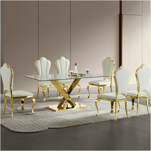 JERFIT Modern Gold Glass Top Dining Table for 6, Stainless Steel Kitchen Table, Contemporary Tempered Glass Dining Room Table, Small Space Gold Accent Table