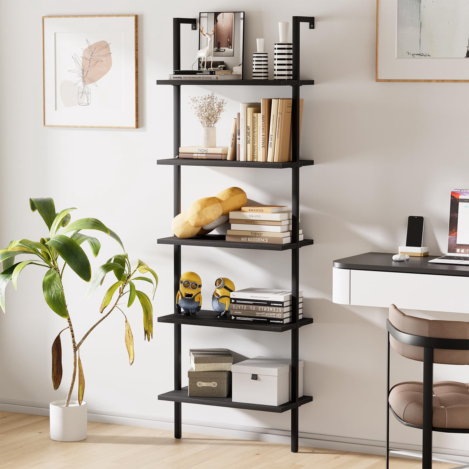 Ladder Shelf Open 5-Tier Bookshelf Wall-Mounted Black Wood Bookcase Storage Rack Open Industrial Modern Plant Stand Utility Organizer Bookcase Metal Frame Furniture Office Bedroom