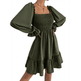 thumbnail image 1 of Robe Mini de Fête Verte à Manches Longues Lanterne à Encolure Carrée Froncée à Volants pour Femmes, 1 of 10