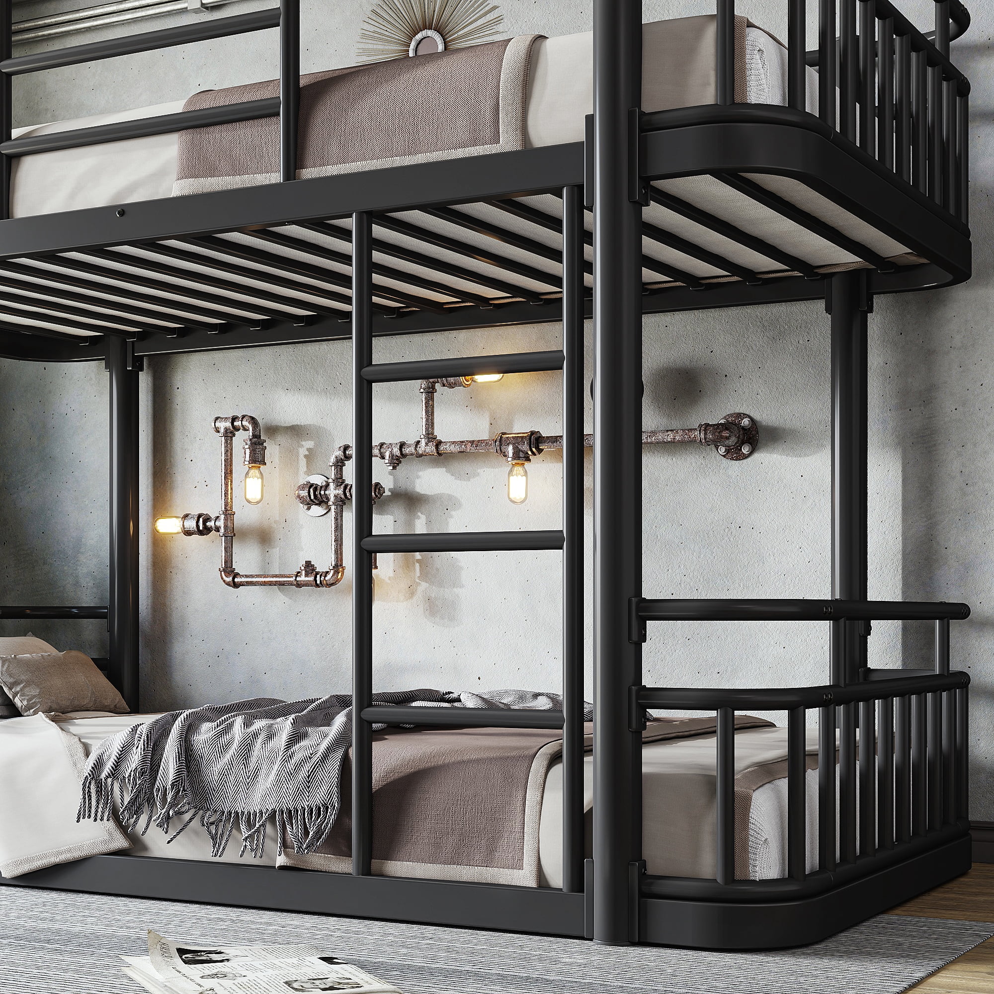 Twin XL Over Twin XL Bunk Bed 81.5 Inch, Metal Bed Frame with Ladder and Full Length Guardrails for Teens Adults, Sturdy Round Pipe Construction, No Box Spring Needed, Black