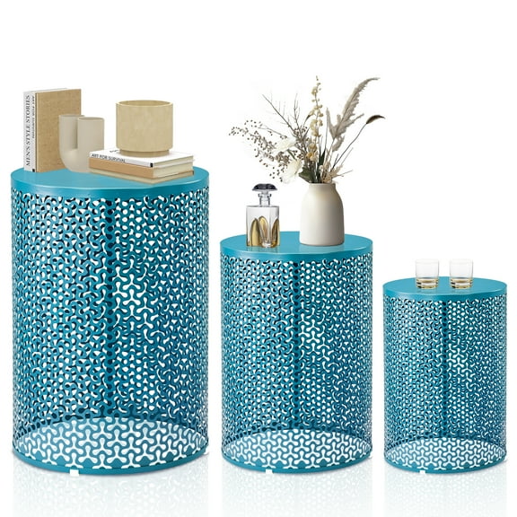 UBesGoo 3-Piece Stacking Side Tables, Metal Nesting End Tables for Patio Indoor Outdoor, Clover Design, 15.7/13.7/11.8 Inch, Blue