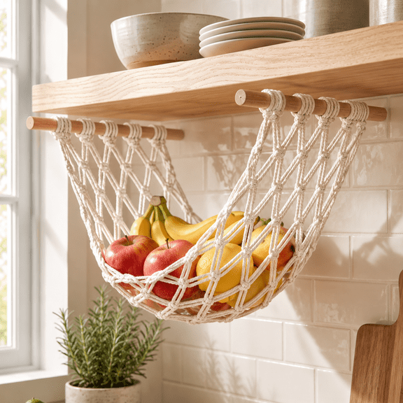 Cotton Woven Hanging Fruit Basket with Wooden Rods, Breathable Net Storage Organizer, Space Saving Hanging Vegetable Holder for Kitchen Pantry Beige