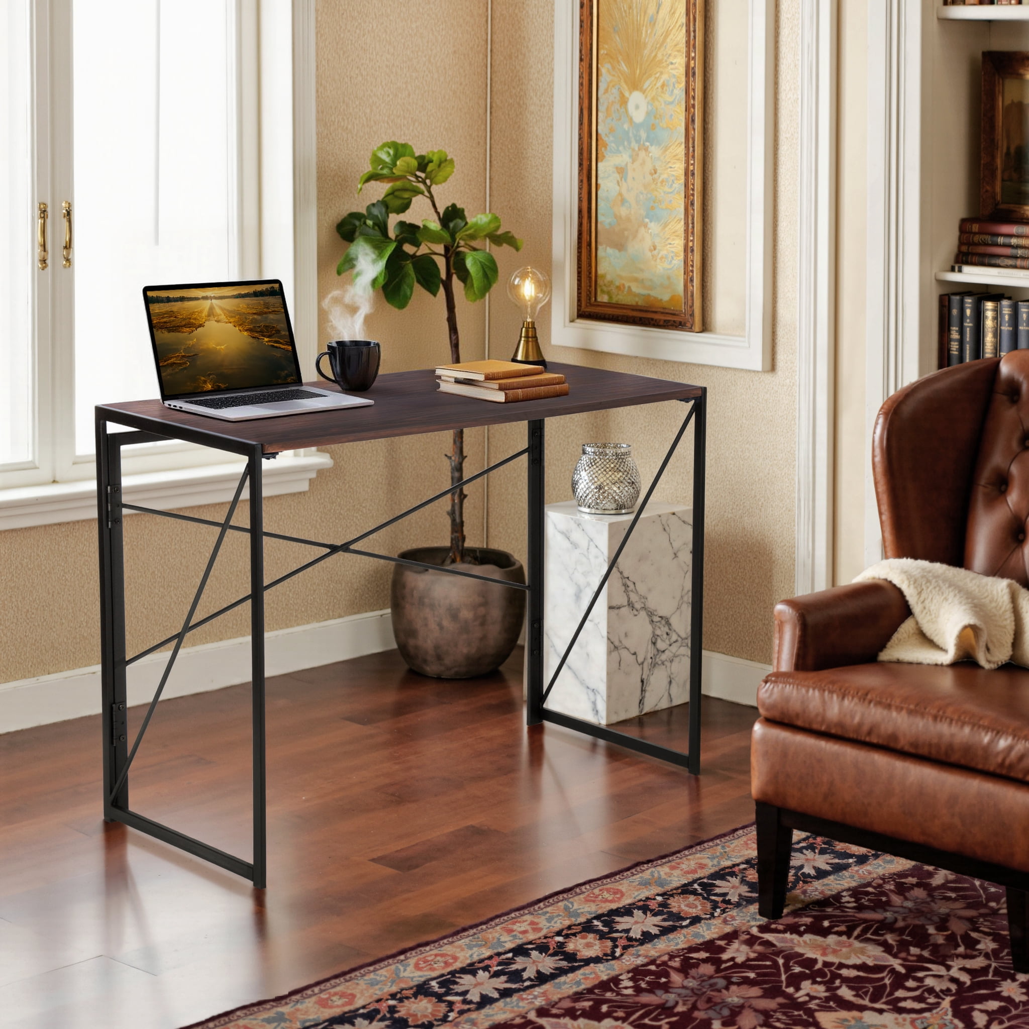 Homy Casa 39.4" Folding Table, Dark Walnut Wood Tabletop with Black Metal Frame for Small Spaces