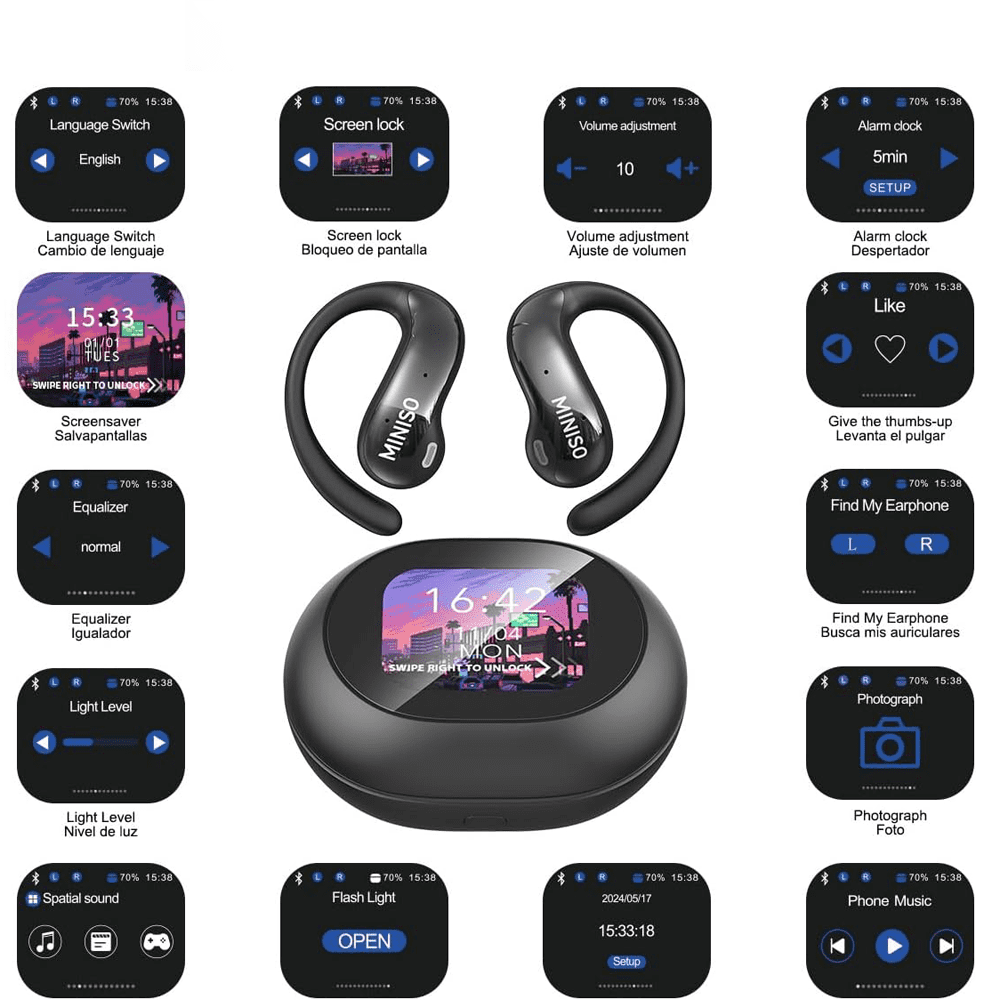 MINISO MS188 Earbuds Wireless Bluetooth 5.4 Earpphones AI Translation Earbuds Real Time Supports 135 languages with LCD Touch Screen