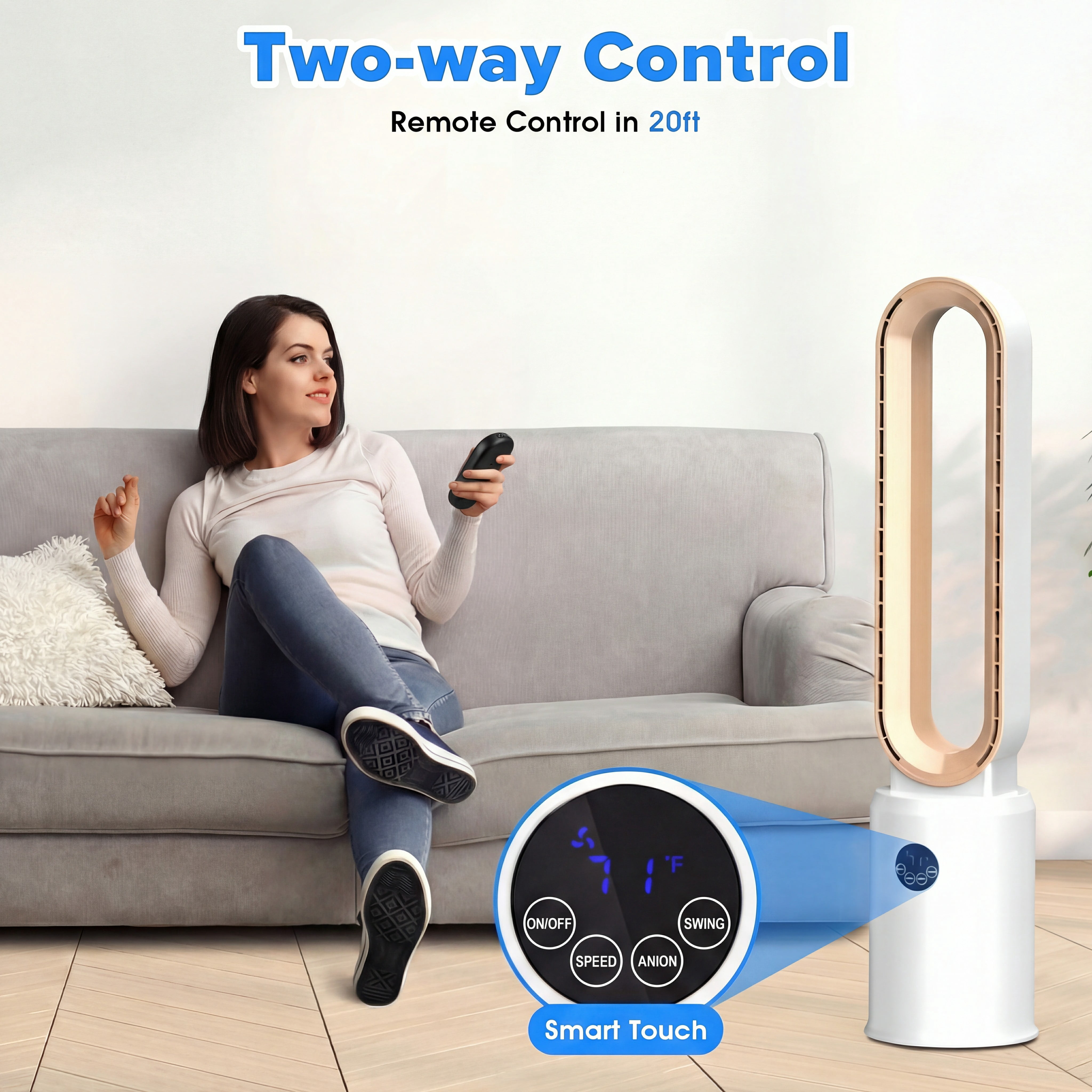 Advwin 38"Bladeless Tower Fan, Quiet Cooling Air Circulator with 60° Oscillation, 24 Speeds, Gold