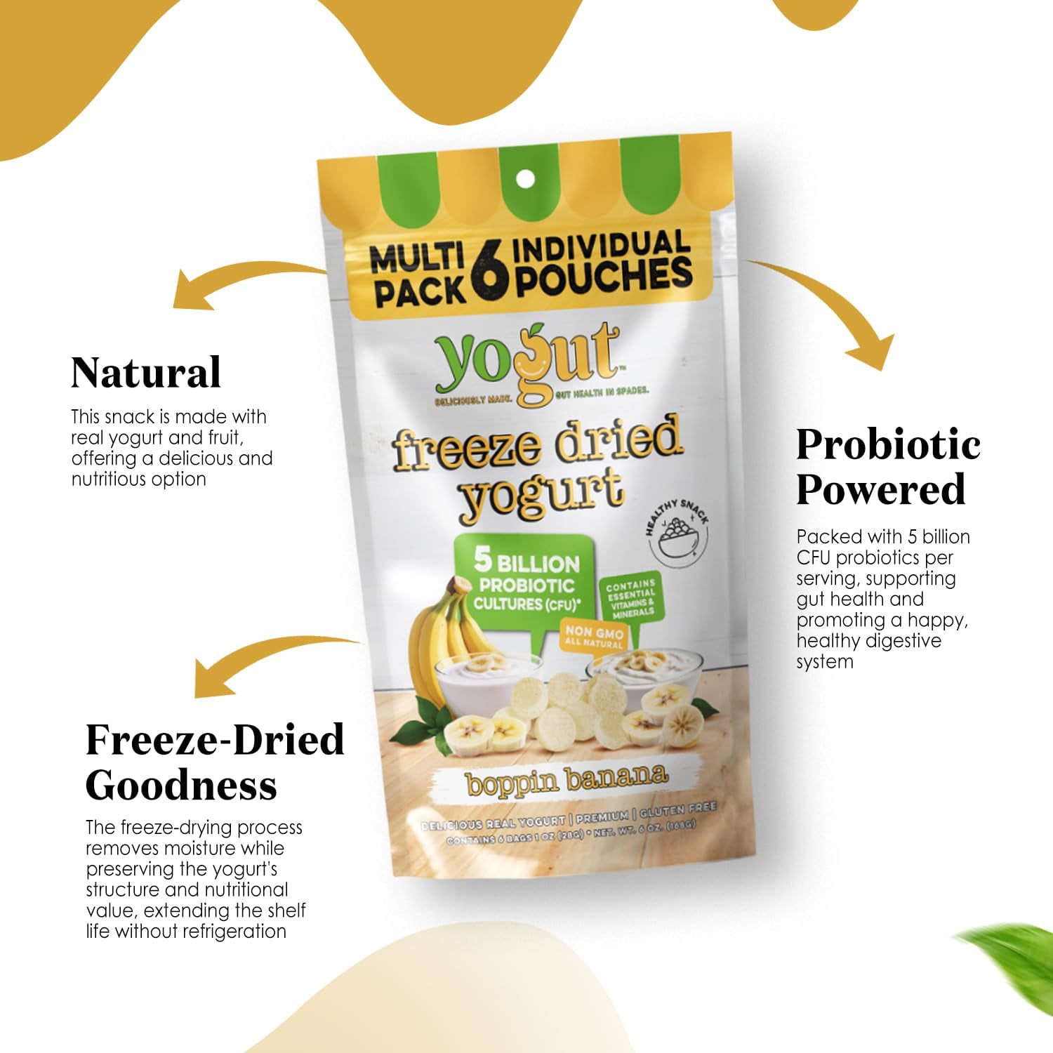 Freeze-Dried Banana Yogurt Bites, 6-pack, Crunchy Texture, Gluten-Free, Non-GMO, with 5 Billion Probiotic Cultures