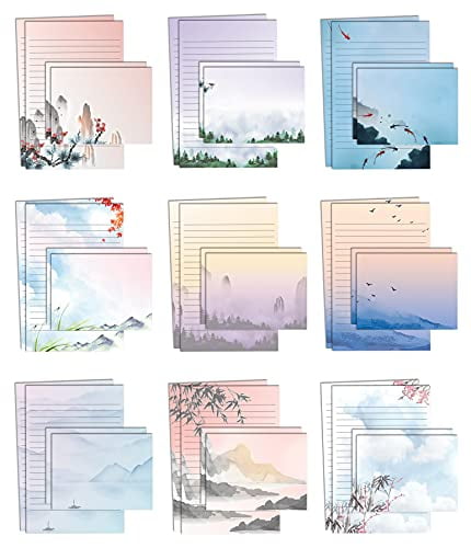 Mini Stationery Set of 100, Stationery Paper (50 Lined Sheets + 50 Matching Envelopes), 5.5 x 8.25 inch, 9 Designs, Double Sided Printing, One Side Lined Paper, by Better Office Products