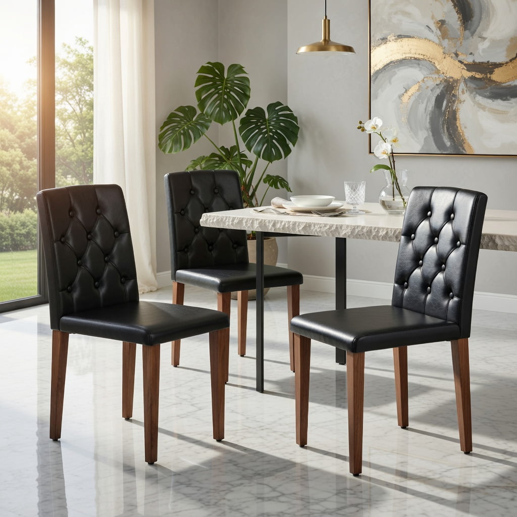 Hommoo 2-Pack PU Leather Dining Chairs with Metal Legs, Ergonomic Buckle Backrest, Adjustable Non-Slip Feet, Modern Luxury Design for Home & Commercial Use, Black & Brown