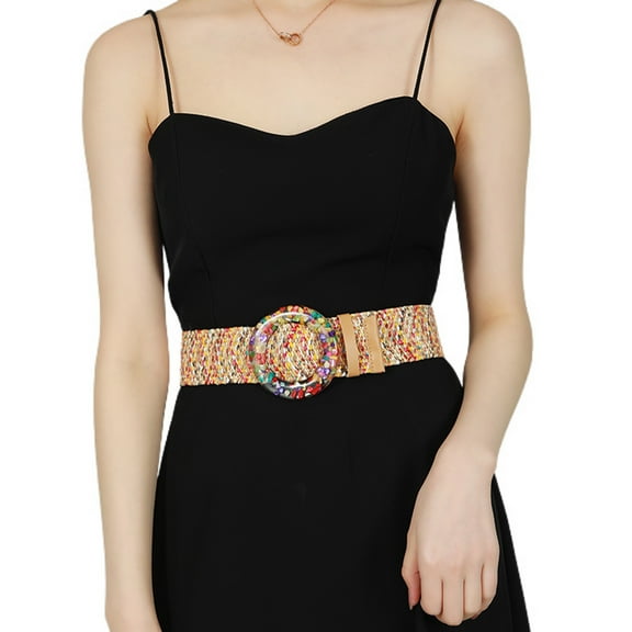 SWSMCLT Women's Stretch Rattan Webbing Belt Elastic Braided Web Belt Flexible Braided Belt Plastic Buckle Raffia Straw Bohemian Summer Beach 02 Multicolored Rainbow One Size