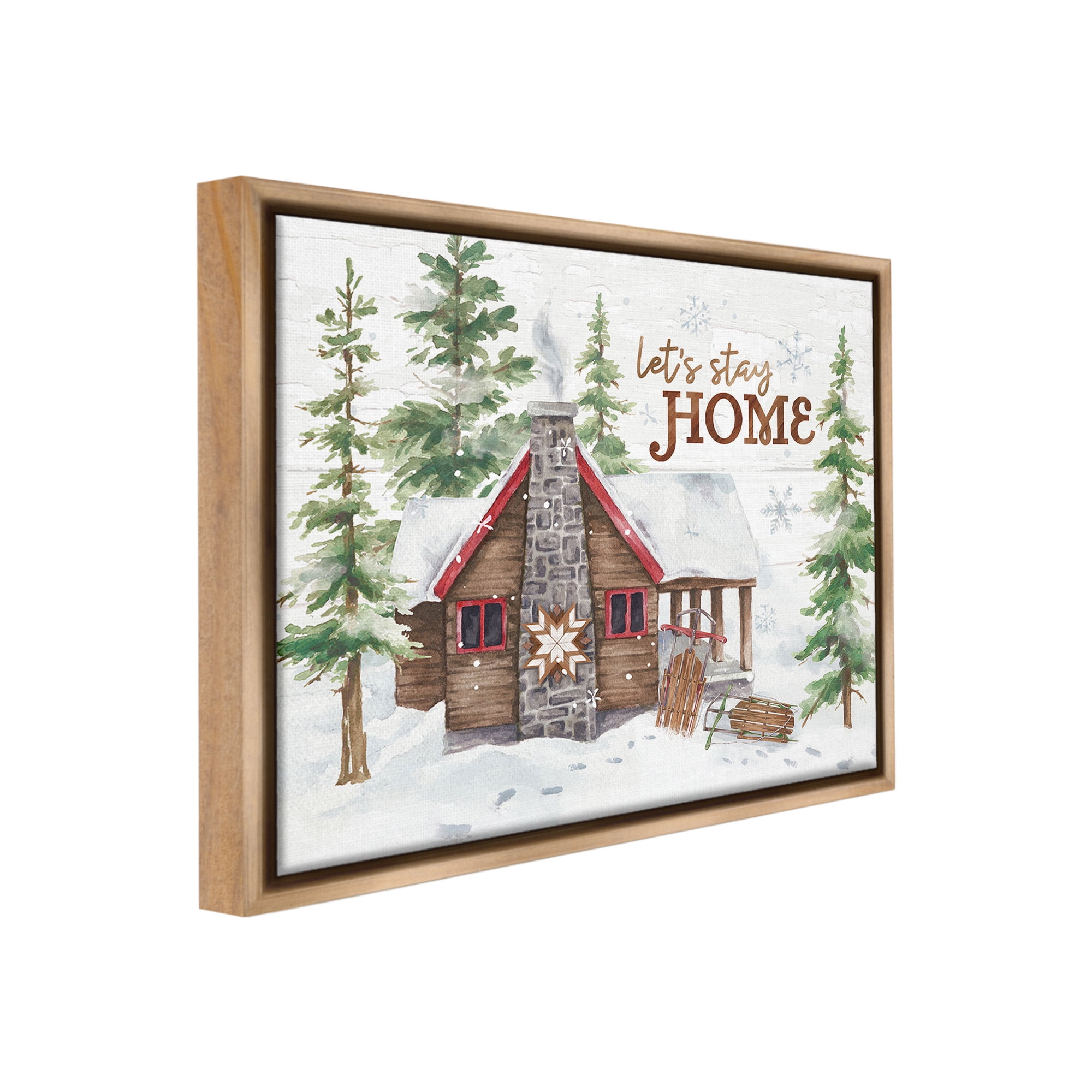 Stupell Industries Cozy Winter Cabin Phrase Landscape Painting Brown Floater Framed Canvas Art Print Wall Art, 31 x 25