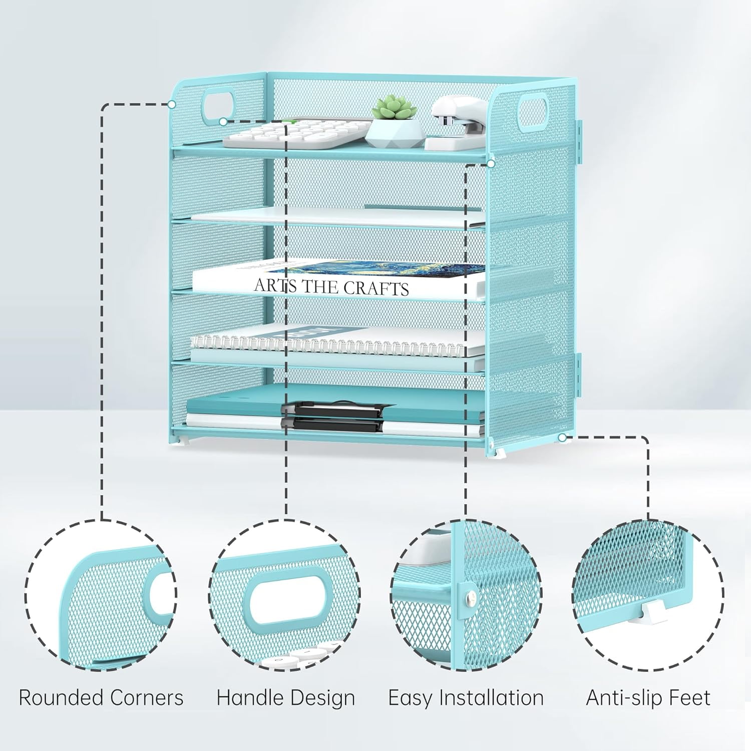 INTIGE 5-Tier Desk Organizer with Handle Mesh Desk File/Paper Organizer Letter Tray for Office