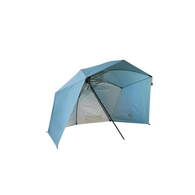 Blue Ozark Trail umbrella shelter with black support pole providing sun and shade protection, easy to set up.