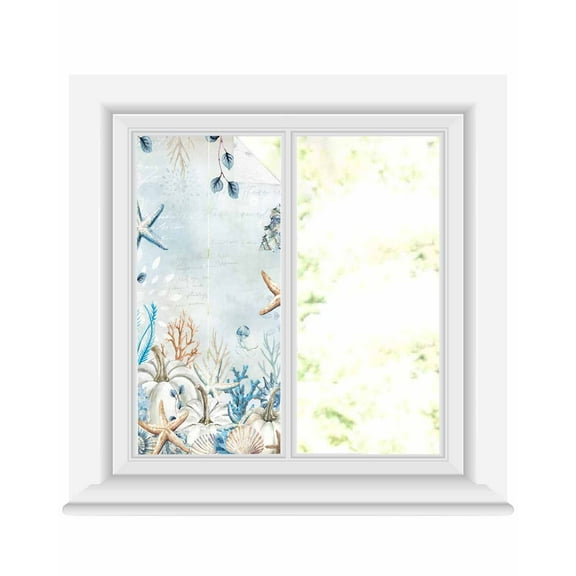 Window Privacy Film, Fall White Pumpkin Coral UV Sun Blocking Window Tint Film Heat Control One Way Blackout Window Film, Blue Thanksgiving Starfish Conch Non Adhesive Static Cling 17.7x39.3 In