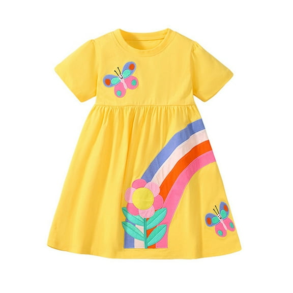 LYMAYTER Kids Girls Short Sleeve Dresses Summer Cute Cartoon Sundress Toddler Cotton Casual Dress for 2-8 Years