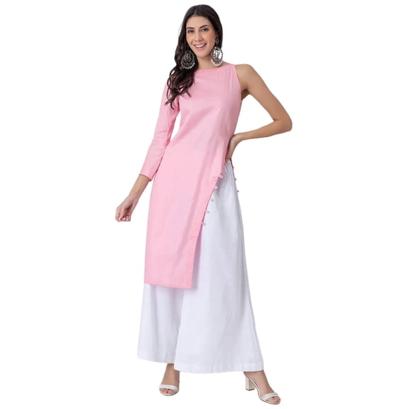 Moomaya Solid One Shoulder Kurta with Side Slit & Wide Elastic Waist Palazzo Indo-Western Fusion Wear