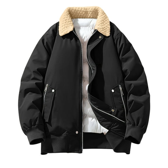 TFEOQRY Men's Short Padded Coats Vintage Fashion Turndown Collar Solid Color Thick Outwear with Pocket Zipper Outdoor Long Sleeved Jacket Black