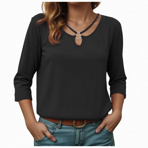 Godom Tops for Women 3/4 Sleeve Crewneck Cute Basics Tees Casual Fashion Summer T Shirts Business Work Tee Top