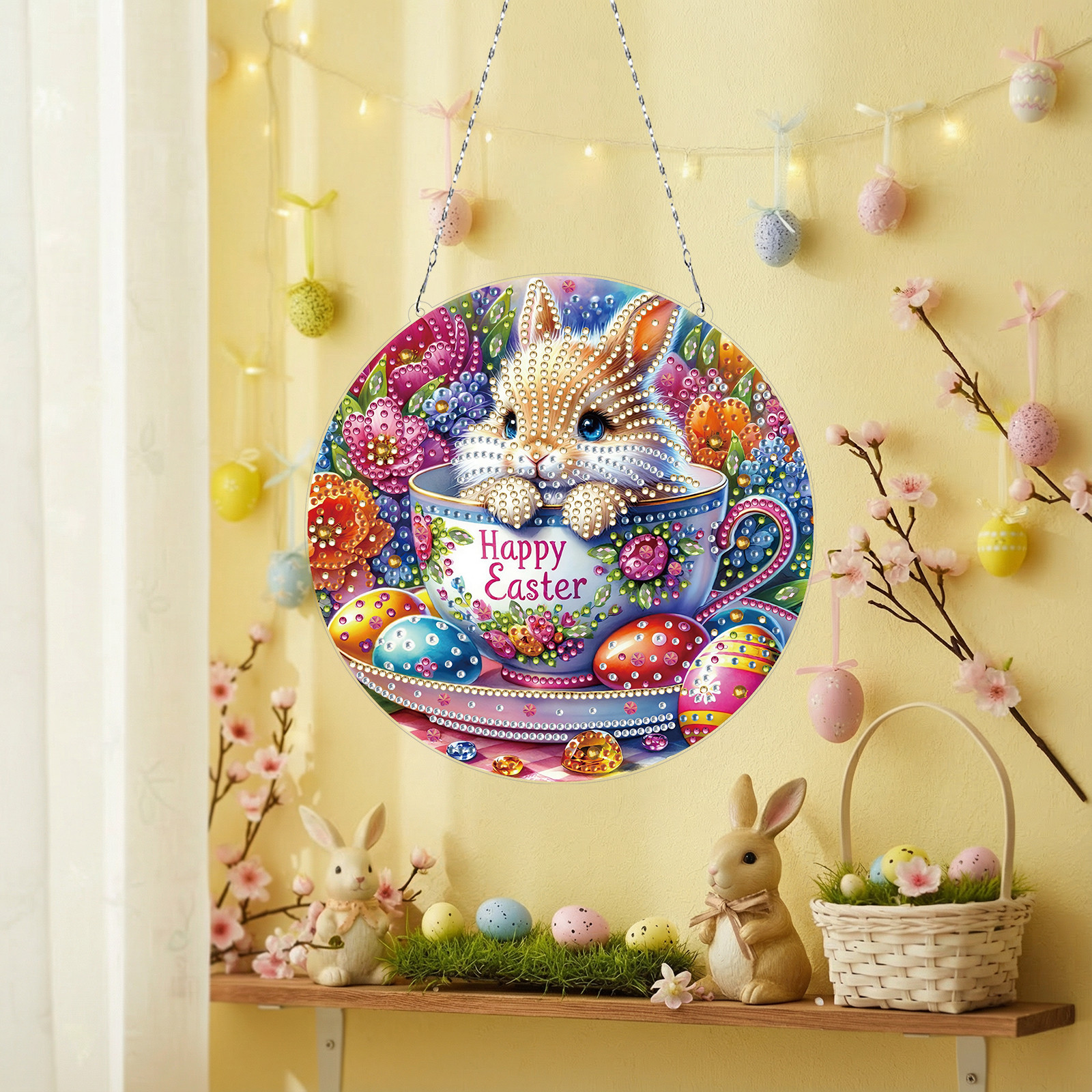 FLOPESN Circular Traditional-Style DIY Diamond Art Painting Pendant Easter Creative Design PET Material Home Decor Pendant